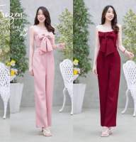 Jumpsuit จั้มสูทแขนกุด ตัดแต่งผูกโบอก ขายาว สวยเก๋   ขากระบอกยาว