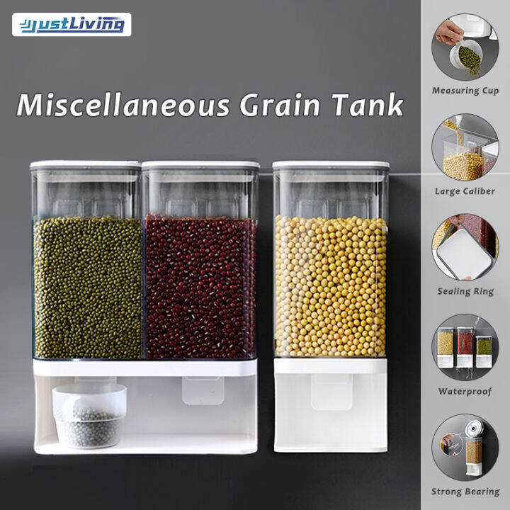 JustLiving 1/1.5/3L Wall Mounted Kitchen Rice Storage Bucket Grains ...