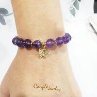 ข้อมือหินมงคลอเมทิส8มม​จี้เพชรชุบทอง18K