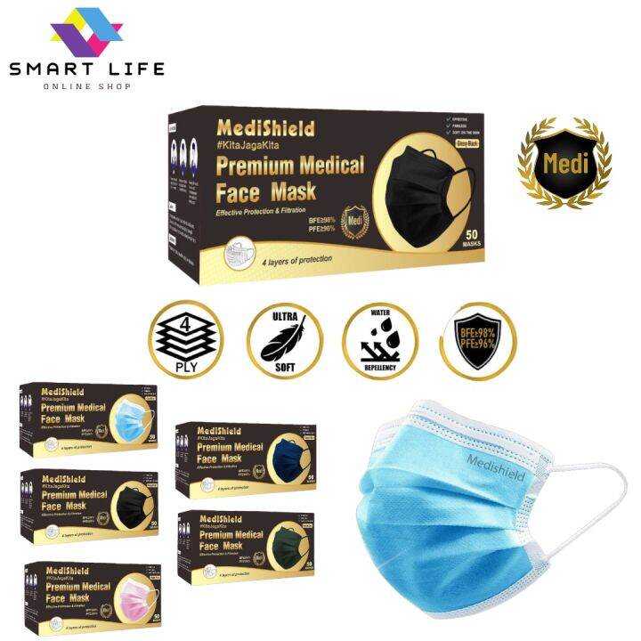 Medical Face Mask 4ply 50pcs MEDISHIELD 4ply Colour Mask Premium high