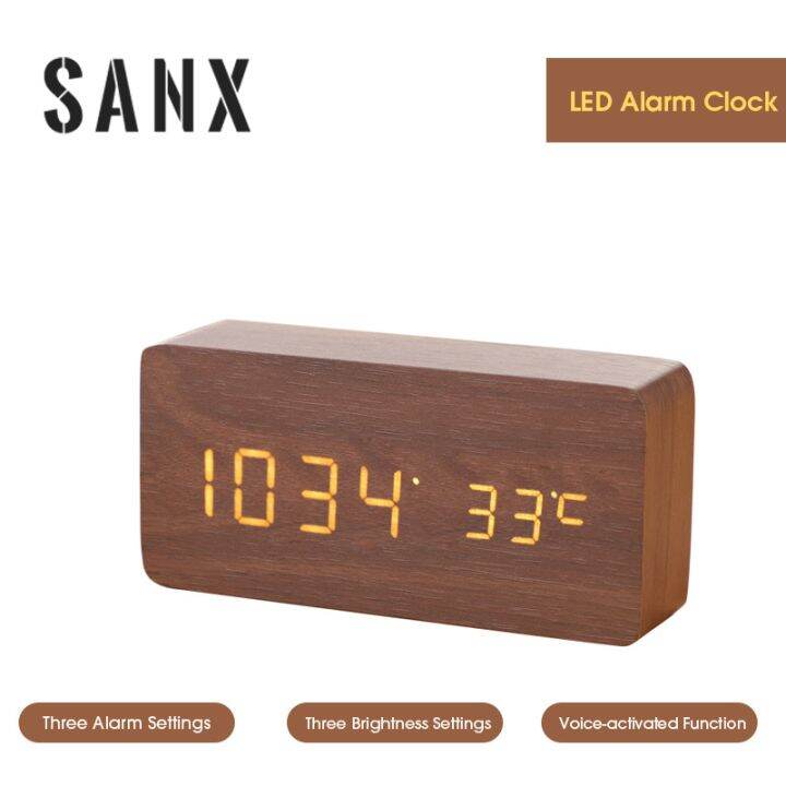 SANX LED Wooden Alarm Clock Voice Control with USB Calendar Digital