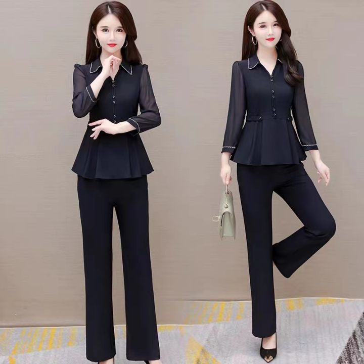 Long Sleeve Shirt Wide Leg Pants Two Piece Set Office Lady Matching Outfits