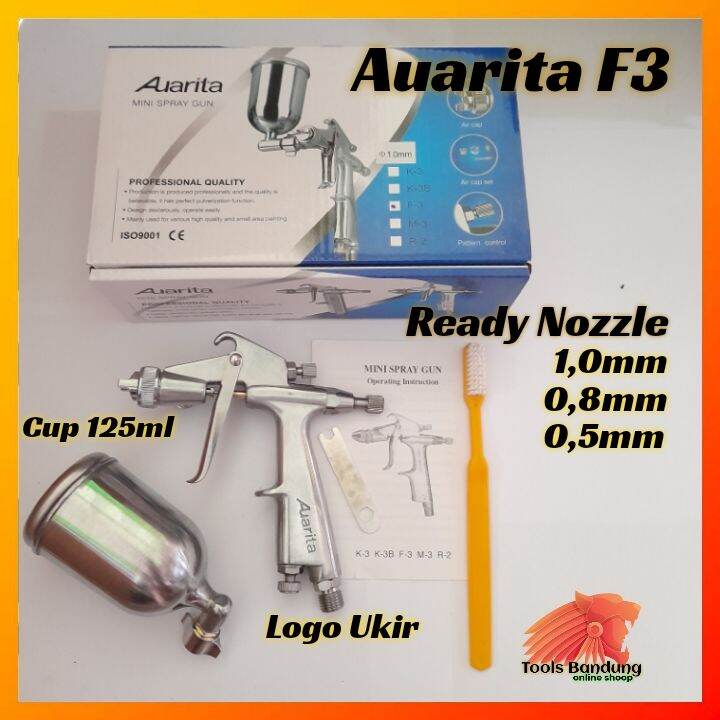 SPRAY GUN MINI AUARITA F3 LOGO UKIR ORIGINAL UKURAN NOZZLE 1,0mm/0,8mm