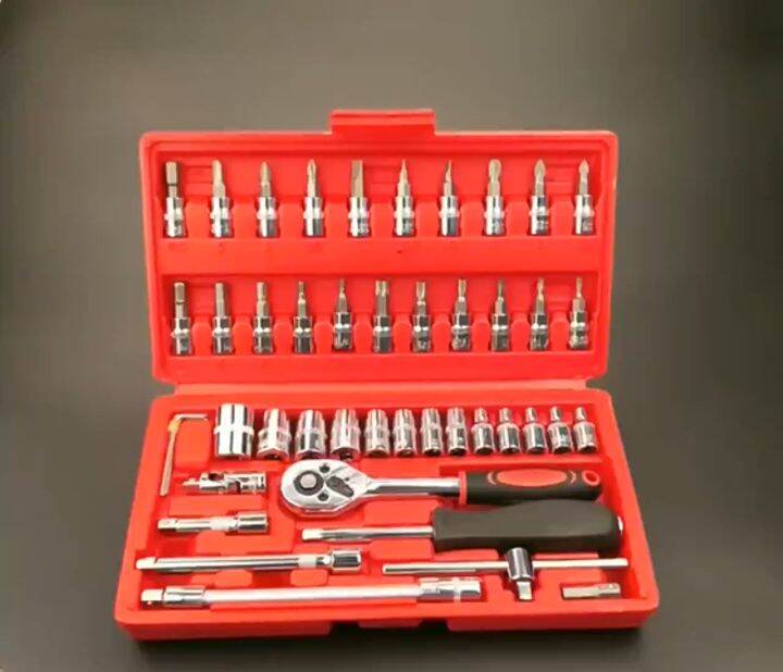 46Pcs 1/4'' Tools Screwdriver Box Socket Set Tool Box Set Ratchet