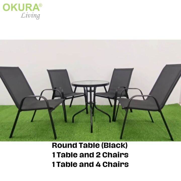 OKURA Set Of Outdoor Table + Mesh Chairs / Garden Balcony / Stackable