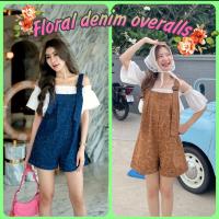 #YN14002?Floral denim overalls?ชุดเอี๊ยมยีนส์ขาสั้นลายดอกไม้ สายปรับความยาวได้ เอี๊ยมกางเกงขาสั้น