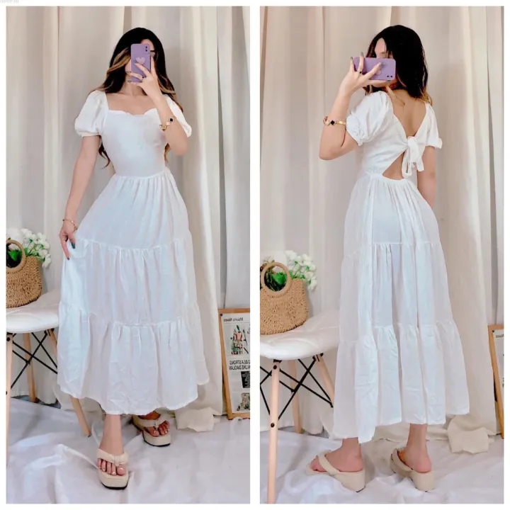 Puff Sleeve Ribbon Tie Maxi Dress | Fit up to Medium | Lazada PH