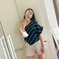 [CLEARANCE SALE] Merlot - Ligne Off Shoulder Top (เสื้อปาดไหล่ข้าง เสื้อเปิดไหล่ ลายทาง สีกรม) พร้อมส่ง