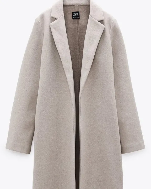 Zara LAPEL COAT สีเบจ เสื้อโค้ทยาวแบรนด์ Zara มีกระเป๋า Lazada.co.th