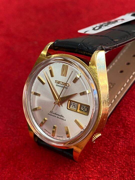 seiko-weekdater-seikomatic-diashock-35-jewels-automatic-ฝาหลังราชาปลาโลมาสวมมงกุฎ-ตัวเรือนทองหุ้ม-นาฬิกาผู้ชาย-มือสองของแท้