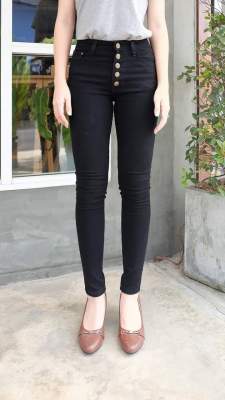 กางเกงยีนสีดำ กางเกงผู้หญิง กางเกงขายาว เอวสูง ทรงเดฟ ผ้าซาร่า แบบกระดุม มีไซส์ S-42 เนื้อผ้ายืด ใส่สบาย และ มีไซส์ใหญ่