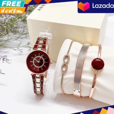 นาฬิกาข้อมือผู้หญิง Anne Klein Womens Swarovski Crystal Accented Rose Gold-Tone And Burgundy Watch And Bracelet Set #AK3286BYST Size 28 mm