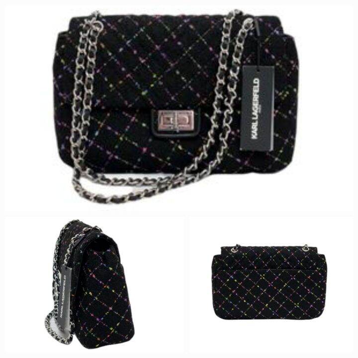 Karl Lagerfeld Rare Rainbow Diamond Black Tweed Crossbody Bag 218