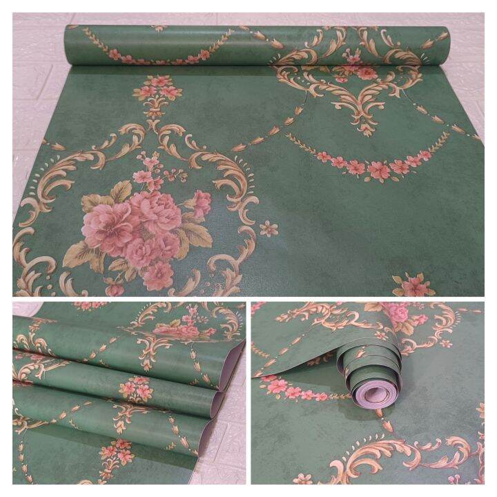 Wallpaper sticker dinding Batik Bunga Pink Dasar Hijau Armi Cocok Untuk
