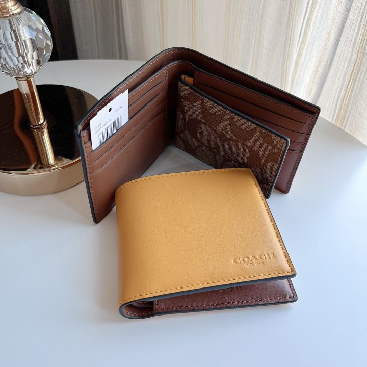 ของแท้100-กระเป๋าสตางค์ชาย-double-billfold-wallet-in-signature-coach-c4333-qb-ochre-multi