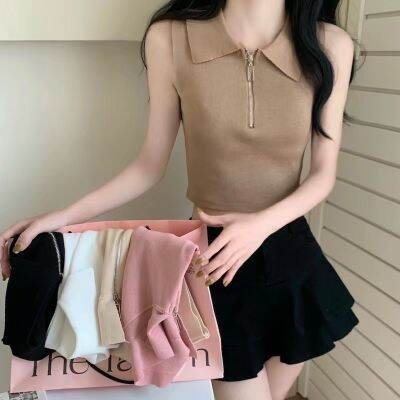 พร้อมส่ง/ใหม่)#J122เสื้อยืดผู้หญิงแขนกุดโปโลเสื้อกั๊กซิปฤดูร้อนสไตล์เกาหลี