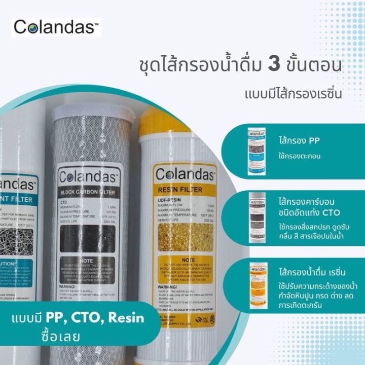 ไส้กรองน้ำดื่ม-colandas-3ขั้นตอน-แบบมีไส้กรองเรซิน-resin-pp-cto-resin