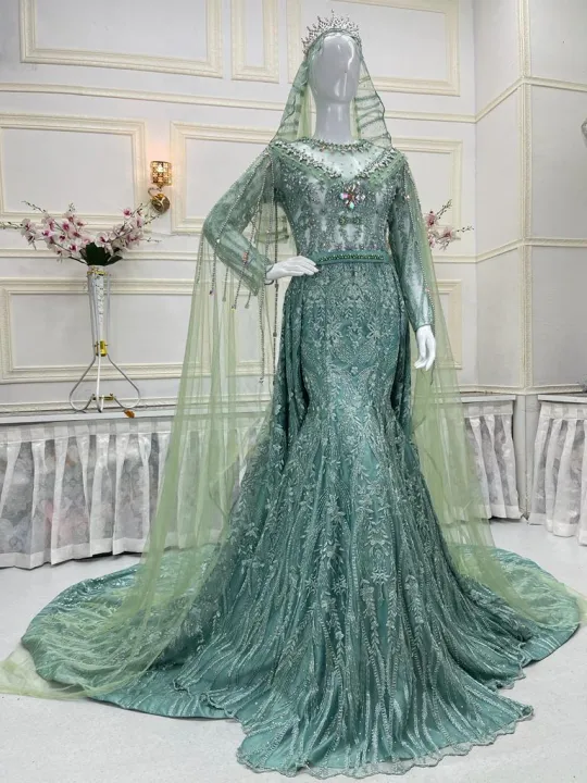 baju gaun pengantin wedding dress span slim warna hijau full payet