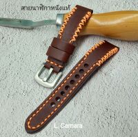 สายนาฬิกาหนังแท้ หนังวัวฟอกฝาดอิตาลี สีน้ำตาลเข้ม ตกแต่งด้ายส้ม Watch Straps Leather ขนาด 18, 20, 22, 24  mm. แถม!! สปริงบาร์ 1 คู่ (ผลิตในไทย)