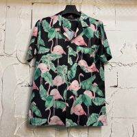 เสื้อฮาวายลายฟลามิงโก้ดำ hawaii ไซค์ m l xl 2xl 3xl ผ้าไหมซาตินอิตาลี่?% ผ้านิ่มสวมใส่สบายไม่ร้อน ใส่ได้ทั้งชายและหญิง