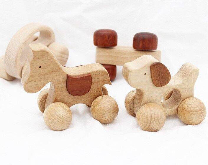 รถไม้ รูปสัตว์ ไม้แท้ธรรมชาติ ล้อหมุนได้จริง ไถได้ BPA Free ตกแต่งบ้าน