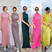 Maxi dress เดรสอัดพลีทคอปืน เดรสพลีทแขนกุดใส่ไปทะเล ใส่ออกงาน