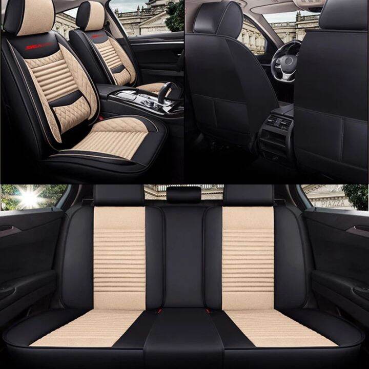 SEAMETAL Linen Car Seat Covers Set 5 Seaters Luxury Leather with Flax
