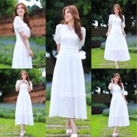 ?พร้อมส่ง XL?ป้าย DNY ?เดรสยาวสีขาว เดรสฉลุ แต่งคอวี ชุดไปทำบุญ สวยมาก