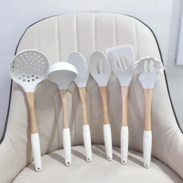 white 6piece Wooden Hanlde Silicon Kitchen Utensil Set Lazada PH