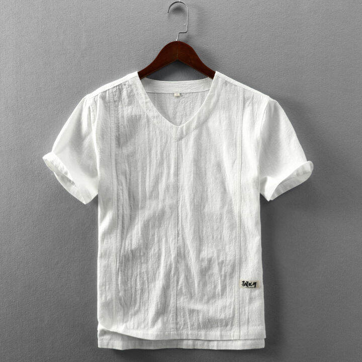 Summer Men s Casual Linen Shirt Short Sleeve Collarless Pullover V