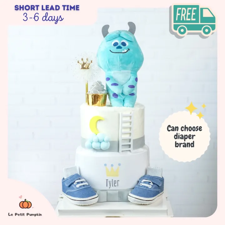 🇸🇬🔥🔥🔥[Diaper Cake] Baby Hamper : Dusty Blue Monster with Customised Romper for Boy