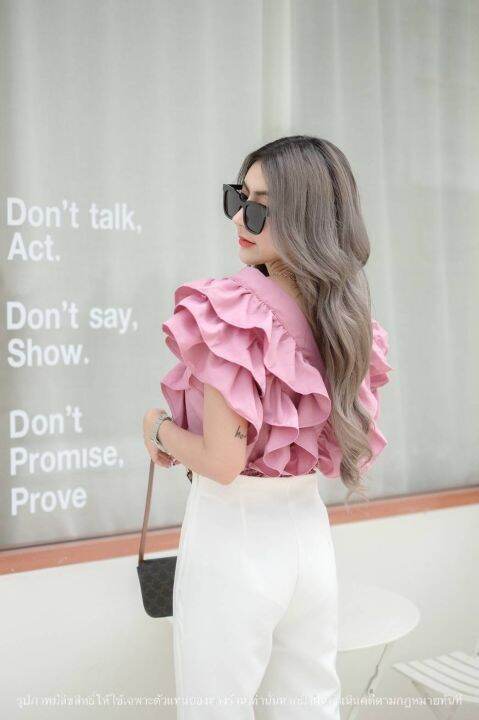 เสื้อคอวีหน้า-วีหลัง-ระบายแขน-3ชั้น-ขนาดฟรีไซร้