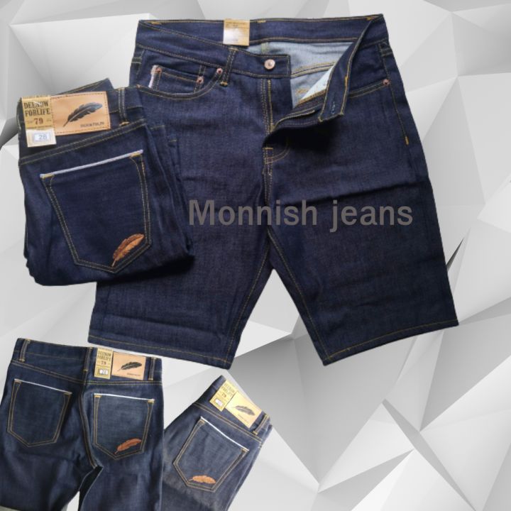 m-jeans-กางเกงยีนส์ขาสั้น-ยีนส์ริมแดง-ผ้าดิบ-ปักขนนก-brand-แท้-เอว-28-44-นิ้ว