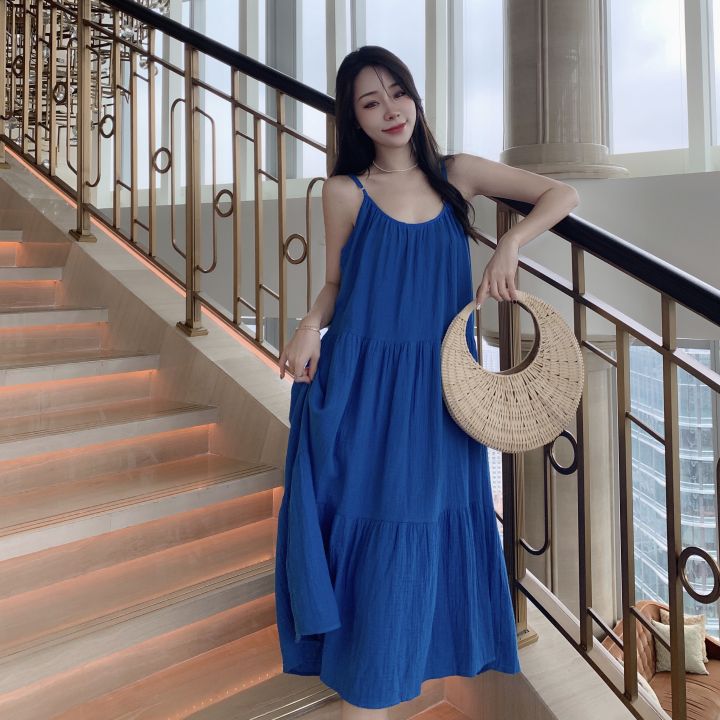 Váy Liền Kiểu Pháp Màu Xanh Lam Váy Hai Dây Xẻ Tà Cao Cấp Dành Cho