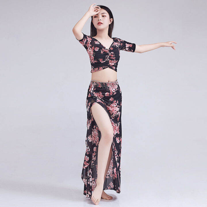 Belly Dance Practice Suit Long Skirt Suit Floral Print Performance