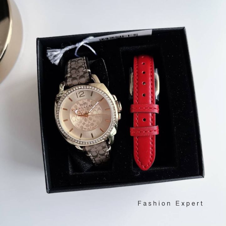 ของแท้100-14000091-นาฬิกาข้อมือสายหนังสีน้ำตาล-coach-womens-14503150-boyfriend-signature-brown-gold-tone-watch