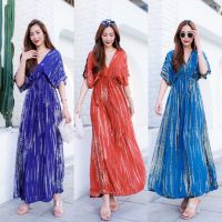 D150 Maxi Dress ชุดเดรสมัดย้อม รับลมร้อน ?? ทรงคอวี ไหล่ล้ำลงมาปิดแขนเก๋ๆ ? ช่วงเอวแต่งสมอค ทำลายมัดย้อม