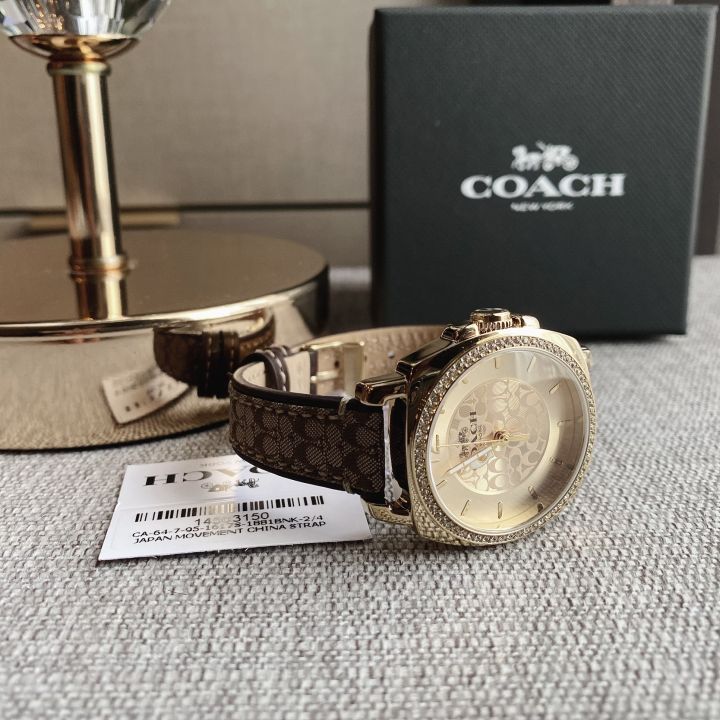 ของแท้100-นาฬิกาข้อมือสายหนังสีน้ำตาล-coach-14503150-boyfriend-gold