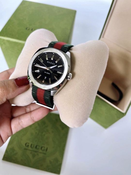 new-gucci-nylon-signature-หน้าปัดดำกรอบเงิน-ขนาด-41mm-สายไนลอน-เขียว-แดง-มีใบรับประกัน-อปก-กล่อง-แคร์การ์ด