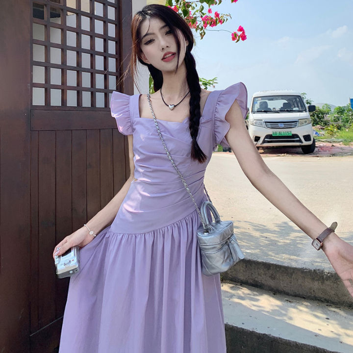 French Style Flying Sleeve Strap Dress Women Summer Purple Dopa Fairy ...