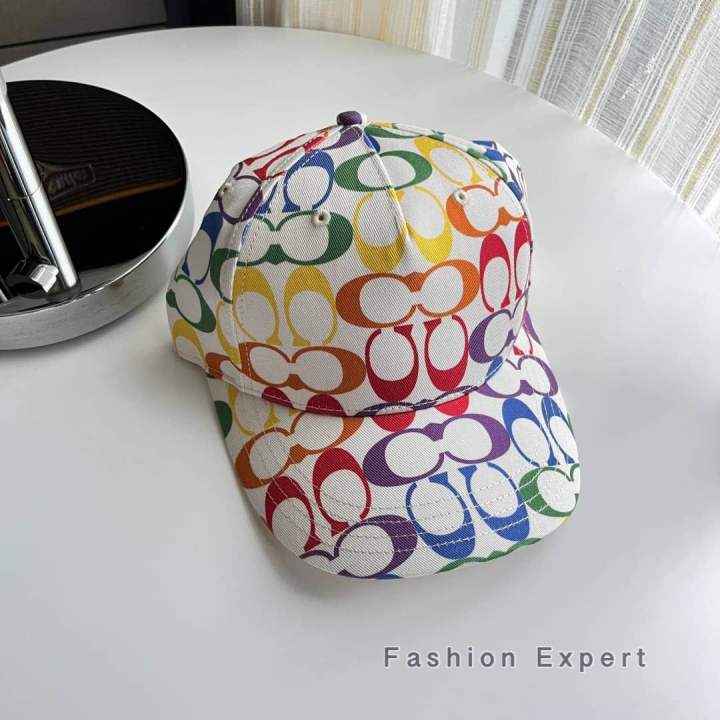 ของแท้100-หมวก-สีขาว-coach-cj714-rainbow-signature-baseball-hat-100-cotton-leather