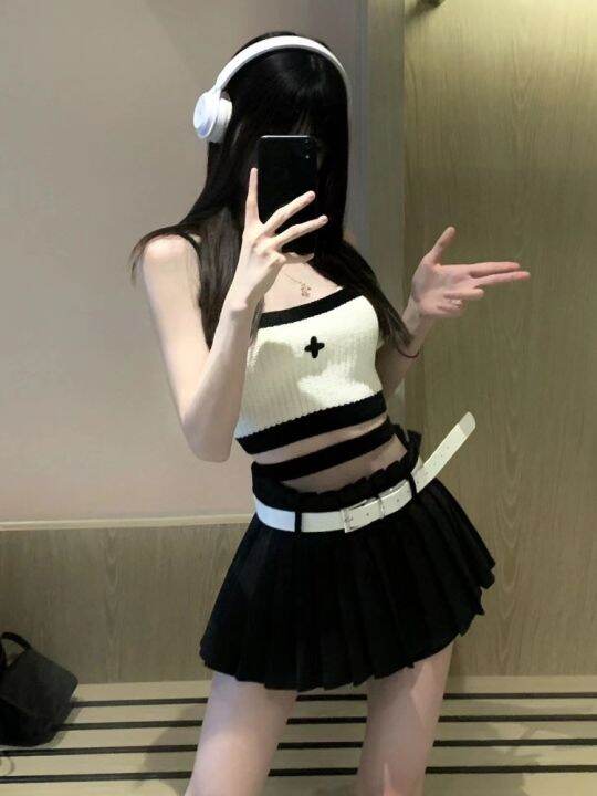 White Suspender Top Pleated Skirt Two-Piece Set Summer Short Hot