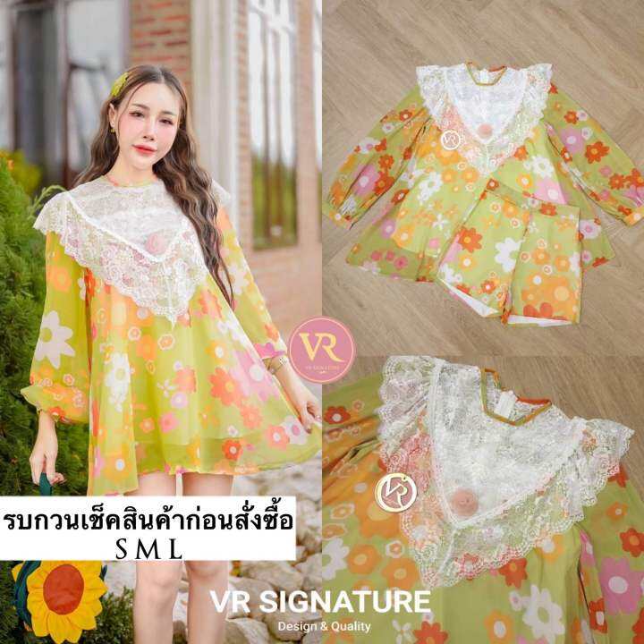 vr-dress-สั้น-แขนยาว-ช่วงบนแต่งผ้าลูกไม้-แต่งดอกไม้ช่วงอก-ทรง-oversize-พิมพ์ลวดน่ารัก-เนื้อผ้าชีฟองเนื้อดีใส่สบายสุดๆ