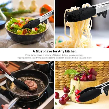 Kitchen Stainless Steel & Silicone Kitchen Tongs Cooking Tool Bbq Tongs  Food Tongs Silicone Kitchen Tongs Buffet Grilling And Salad Colour: Black  26.5Cm 