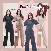 ?FF14282 ?Jumpsuit จั๊มสูทขายาว คอกลมกระดุมหน้าแขนสั้น ?