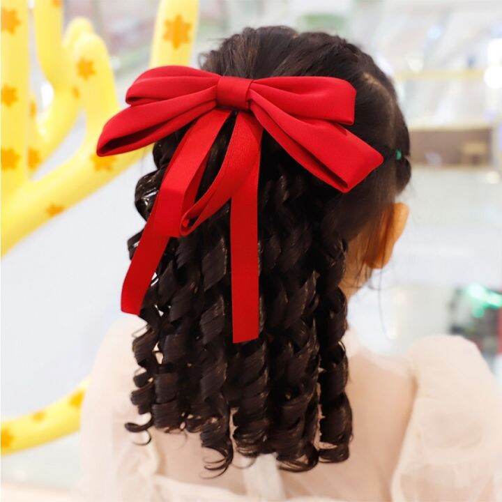 Children's Hair Ponytail Clip with Bow Synthetic Black Princess Curly ...