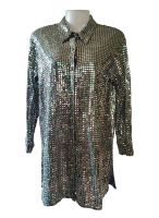 H0300: Silver Disco Glitter Shirt กลิตเตอร์สีเงินวาวทรงเชิ้ต * มีกลิตเตอร์หัก  Size M-L อก 42"