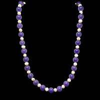 สร้อยคอ หินอเมทิสต์ ประดับด้วย มุก Amethyst &amp; Pearl Round Beads Necklace Handmade Gemstone Jewelry