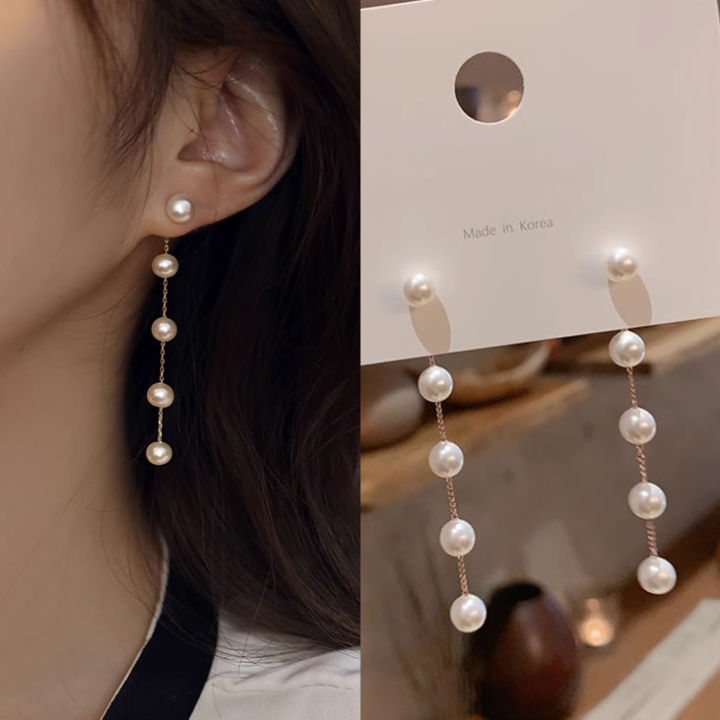 S925 Silver Needle Long Tassel Earrings Korean Metal Chain Pearl