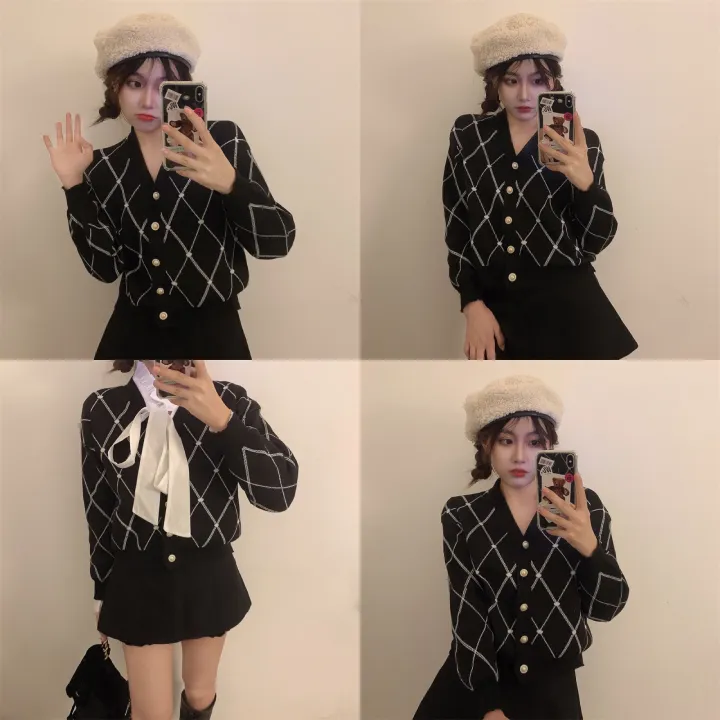 ttshop 🌟พร้อมส่ง 🌟เสื้อคลุมคาร์ดิแกน ไหมพรม ลายตารางหมากรุกสไตล์ เกาหลี ...